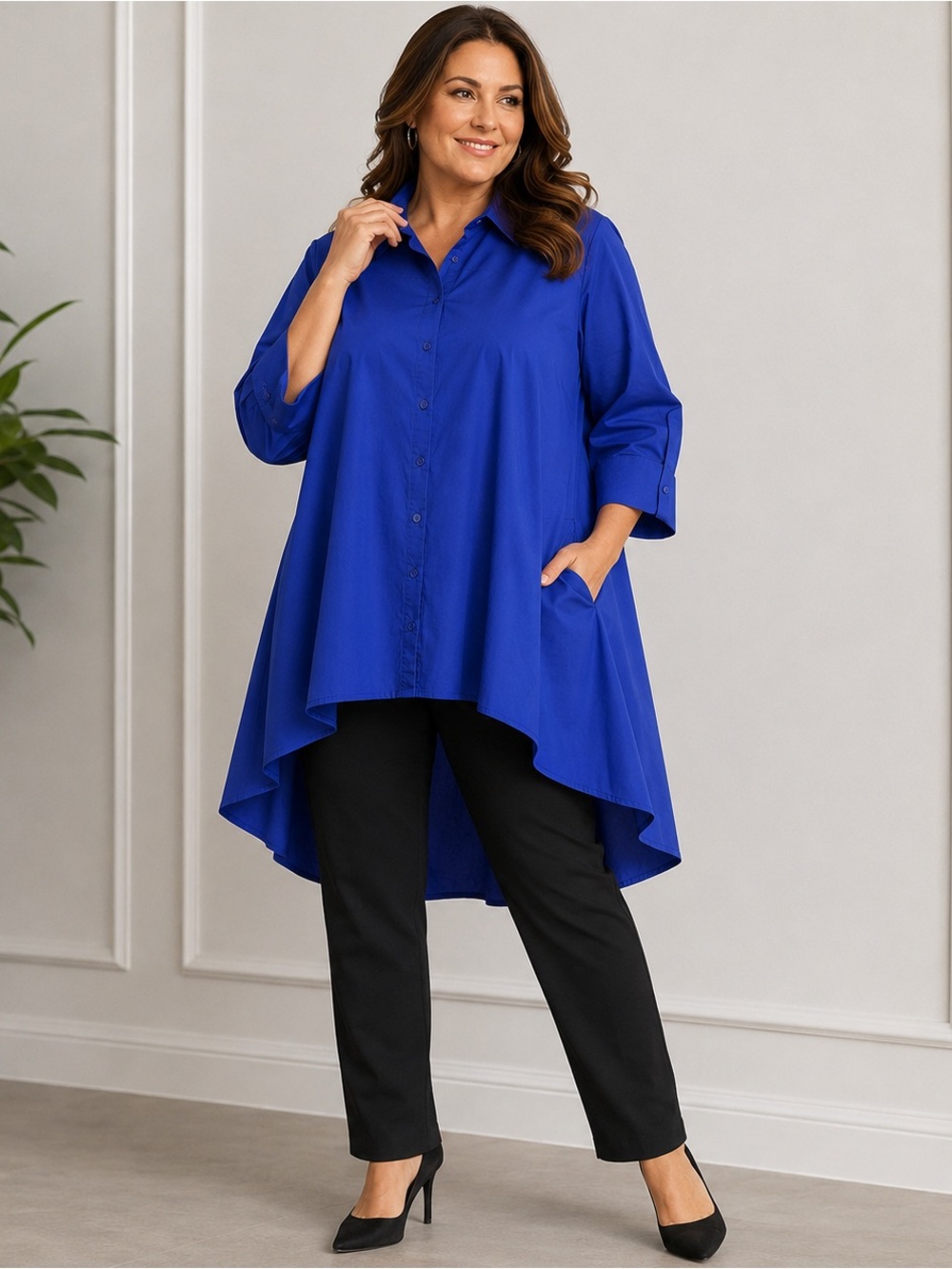 Midnight Velvet Women 1X Blue Cotton High Low Button Front Tunic Shirt
